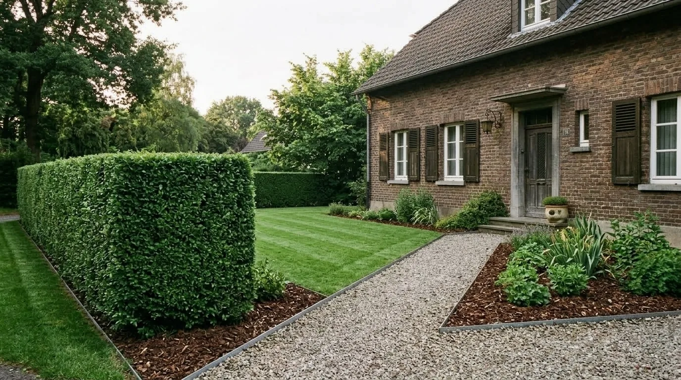 Vorgarten: Hecke, Rasen, Kiesweg, nachher