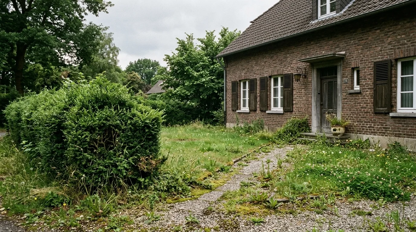 Vorgarten: Hecke, Rasen, Kiesweg, vorher